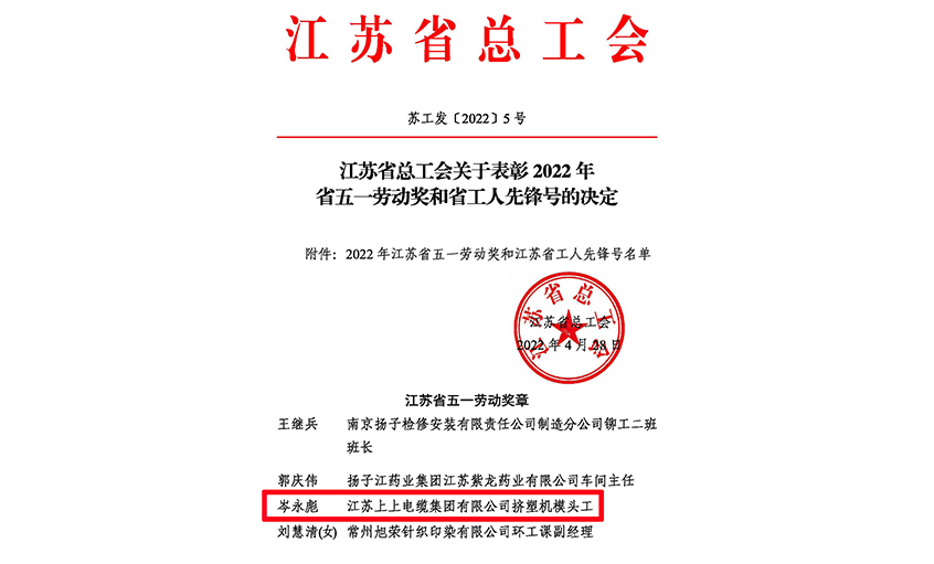 20年产品质量“零缺陷”——澳门免费原料员工岑永彪荣获“江苏省五一劳动奖章”